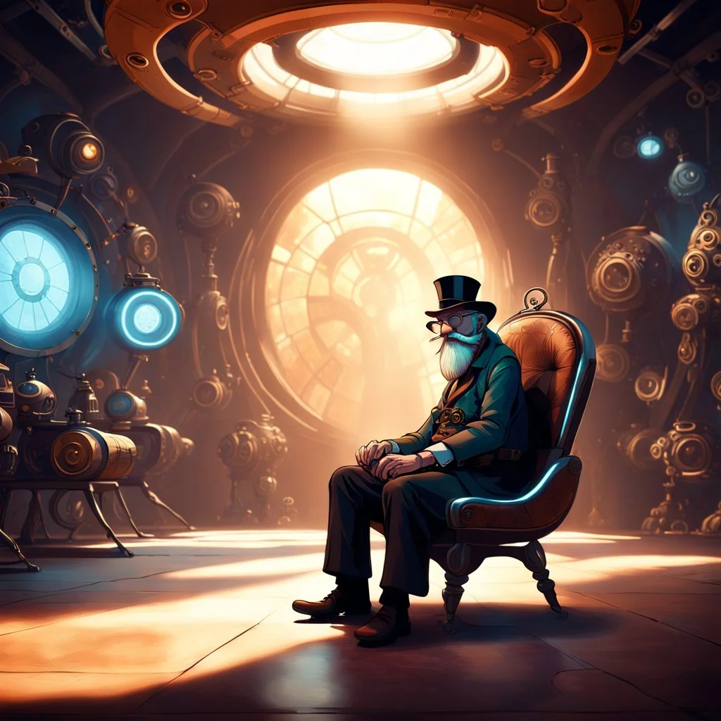 In a futuristic room, designed in a Pixar Disney style, a old man with a long beard is sitting on a chair. The floor has a subtle shadow, adding depth to the image. The chair is placed at the center of the room, and the guy is dressed in stylish Steampunk fashion, including a fancy hat. The entire picture exudes a creative and entertaining atmosphere, as Avatar