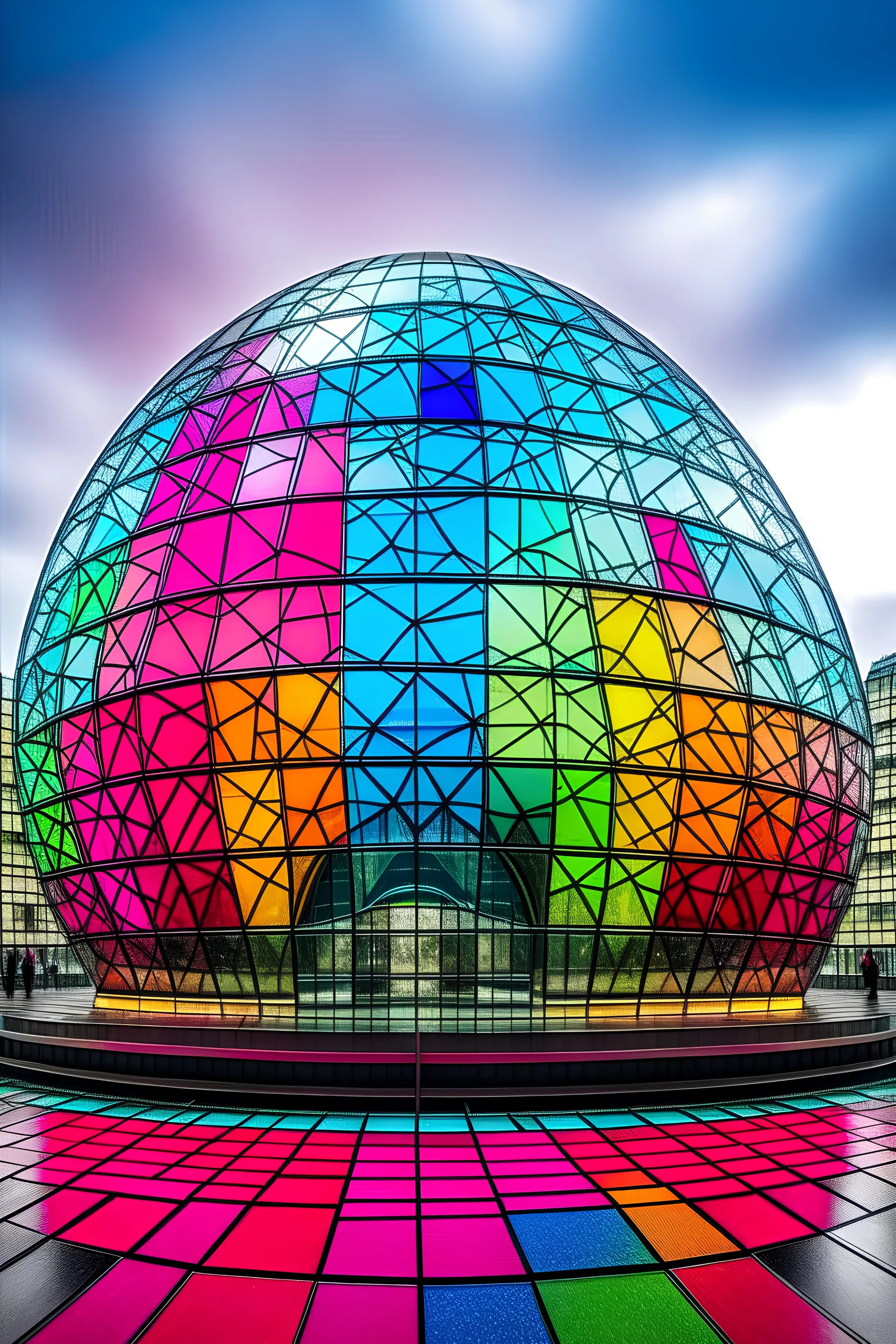 Colorful futuristic buidling under glass dome