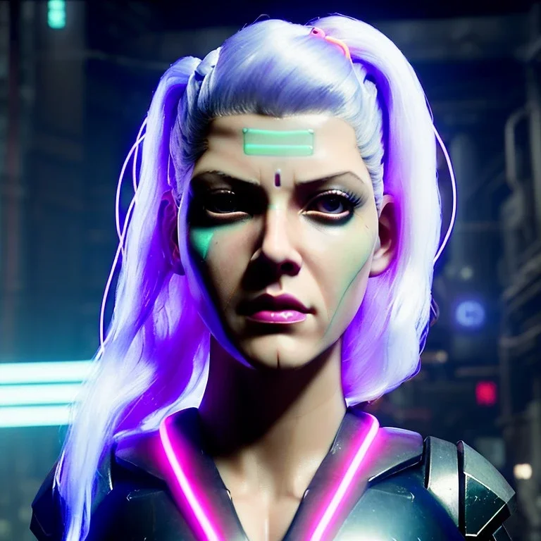 Actress, young Katheryn Winnick, android woman, glow eyes, glow circuits in face, glow painted face, shaved hair, ghost in the shell, samurai coat, katana, elastic bodysuit, cyber punk, neon ambient, army, bamboo, blood, portrait, gradient background, unreal engine 5, soft color, 16 bit, god lights, ray tracing, RTX, lumen lighting, ultra deatail, volumetric lighting, 3d, finely drawn, hd.