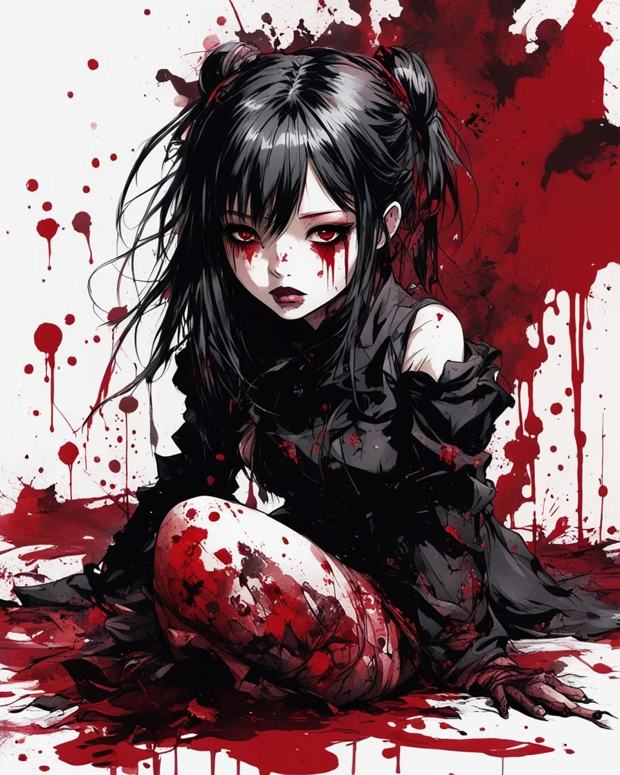 Petit girl goth, lying pose, fullbody, behind blood guts rising from the ground, illustration by <Yoji Shinkawa>, behind paint splashes darkred tones,