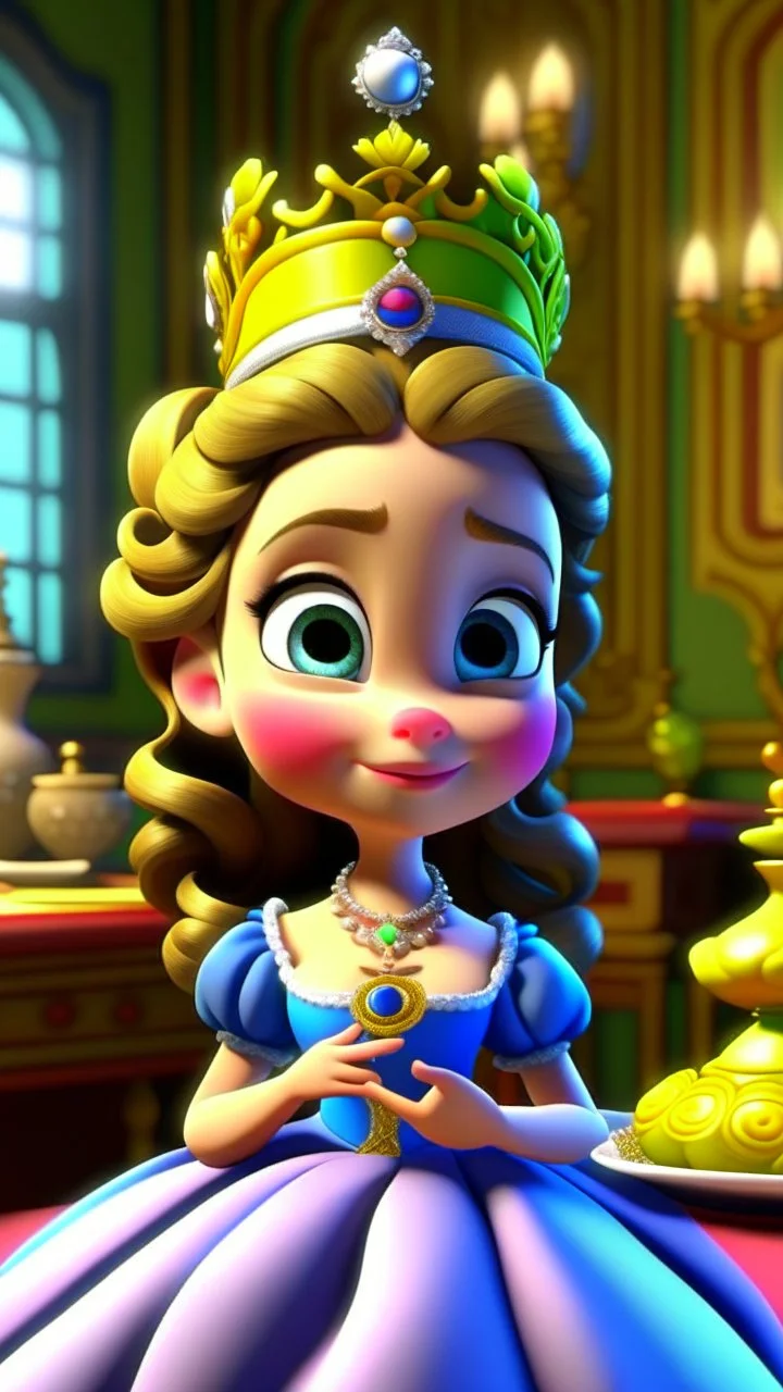 "Come one, come all," Princess Penelope cried, To the royal abode, where joy would reside. In her hand, a secret, a gift pure and sweet, Tea cups of wonder, a surprise hard to beat.cartoon,3D