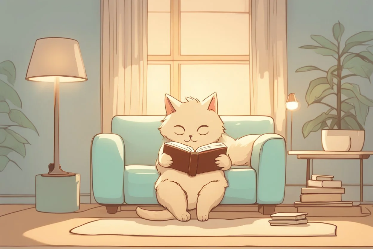 cute chibi fluffy beige bioluminescent cat reading a book sitting on a sofa next to a glowing tiffany lamp in a modern room