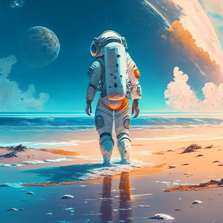 An astronaut walking on the beach of a beautiful sea, digital art, anime, 4k, full details