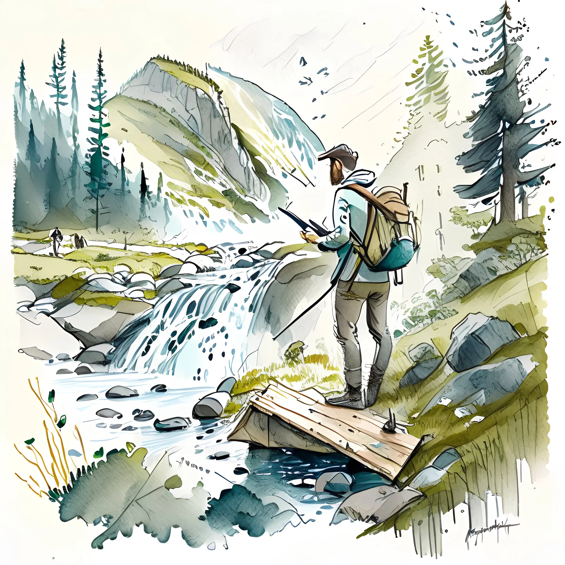 Illustrate a scene of an artist exploring the wonders of Norwegian nature, sketching, plain air amidst forests, waterfalls, and meadows, artistic style