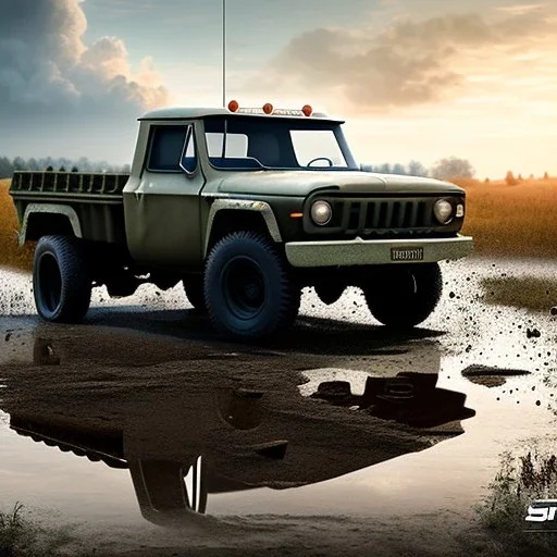 photorealistic shot, muddy military toy truck, monotone color palette, sharp focus, puddle reflection, tire water splash, refraction, mist on the horizon, shadowcast, detailed and intricate, cinematic composition, micro, tilt shift photography