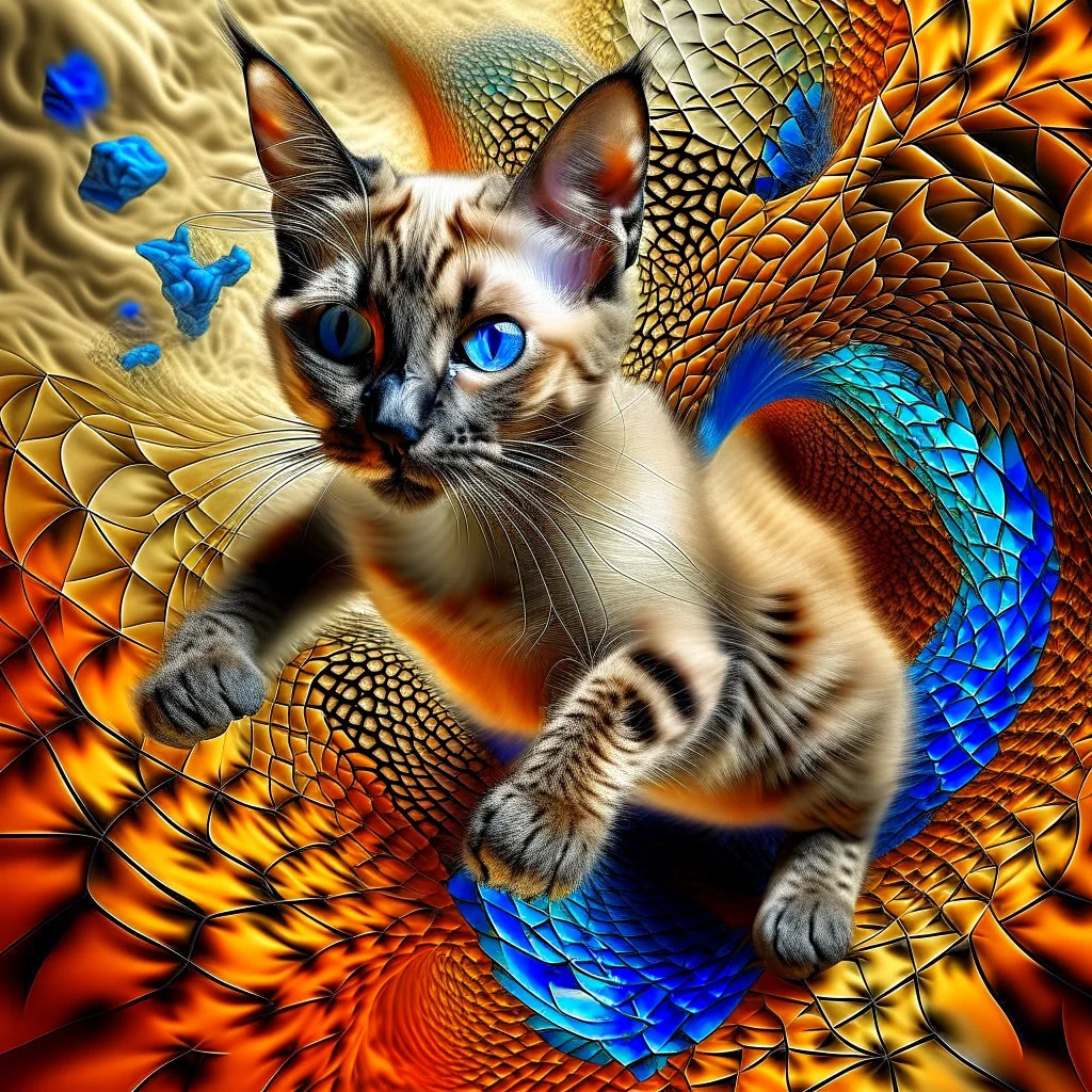 A high-speed action shot of a young Siamese kittenwith brown ears, captured in mid-leap or play. The image is detailed and intricate, featuring swirling fractal patterns surrounding the kitten, enhancing the sense of motion and energy. In the background, there's a mesmerizing fractal landscape, with complex geometric shapes and vibrant colors. The landscape and the fractal patterns around the puppy blend seamlessly, creating a dynamic and visually captivating scene in space with chrome silver pl