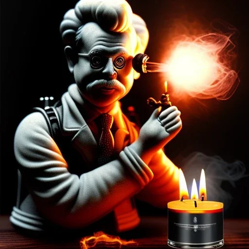 smoke bust of ghostbuster, ancient, magic,on dark wooden table with drinking glass,compass,brilliance, candle, dark figure in background, movie poster