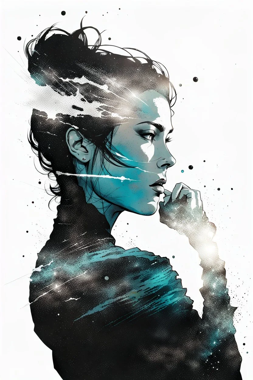 create an abstract portrait illustration of a female face in the process of severe explosive disintegration , highly detailed , in the comic art style of FRANK MILLER and BILL SIENKIEWICZ, searing lines and forceful strokes, boldly inked, with gritty textures, vibrant colors, dramatic otherworldly lighting