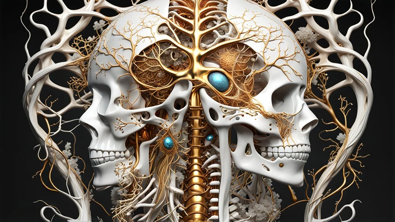 3D rendering of an impressively detailed and complex hyper-realistic "human anatomy": scientific, single object, glossy white, shiny gold, vines, tribalism, black background, shamanism, cosmic fractals, octane rendering, 8k post-processing, detailed metallic bones, dendritic, artstation: award-winning: professional portrait: atmospheric: commanding: fantastic: clarity: 16k: ultra quality: astounding: shine: stunning colors: stunning depth