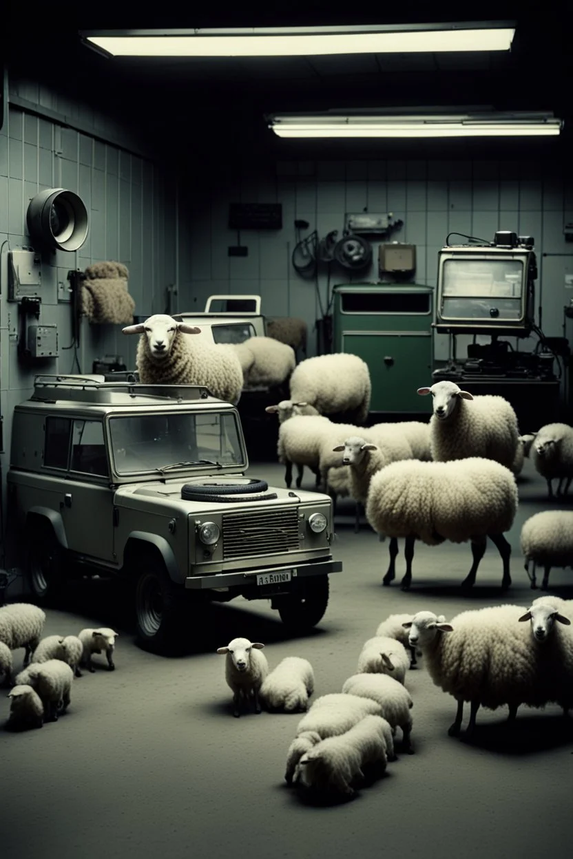 realistic dark low res "cctv footage" old 80s sony camera, of forbidden medical procedures preformed in a "motor garage", with landrovers, surounded by sheep with "Rabies"