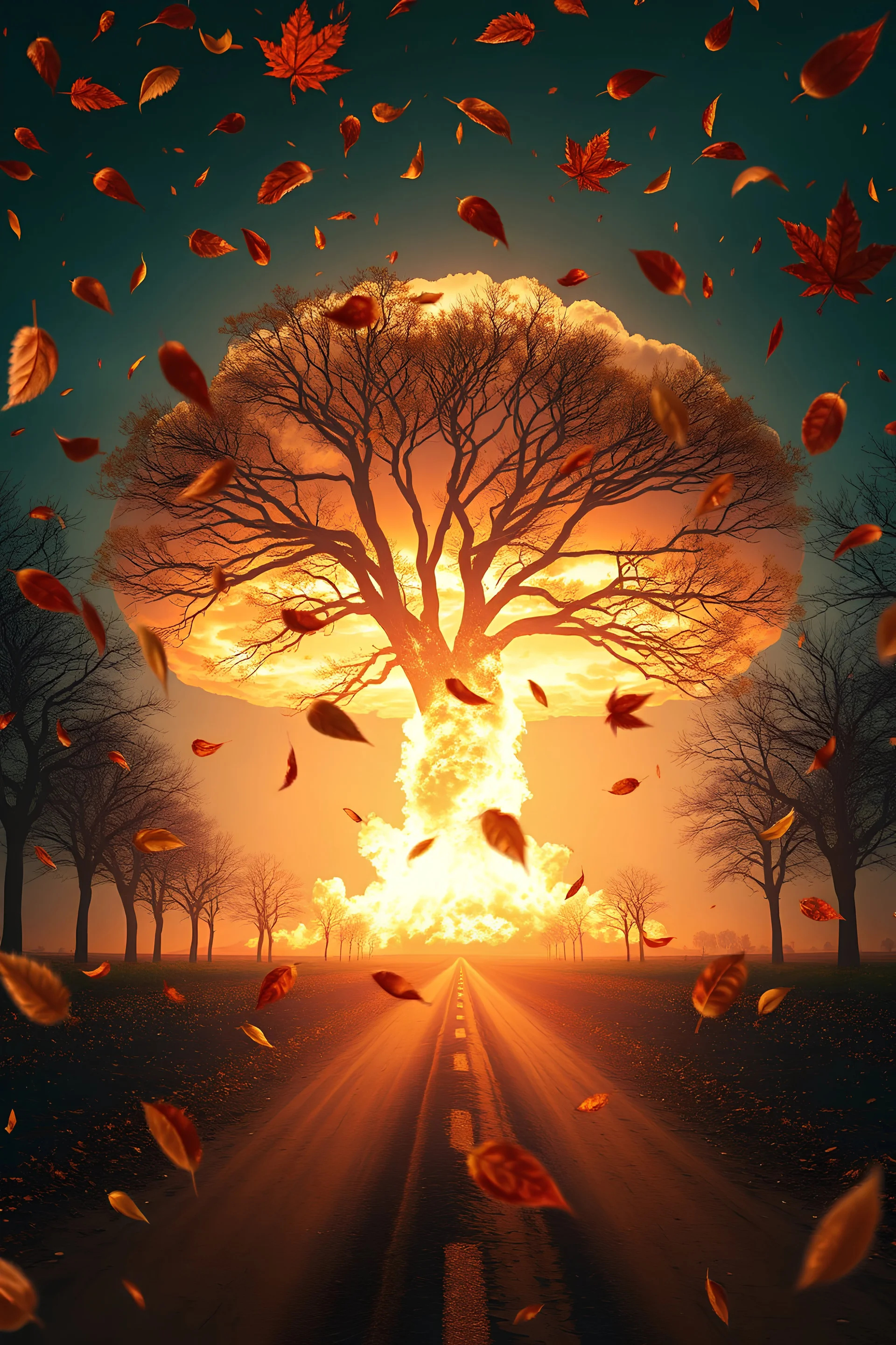 foreground with many falling leaves, behind is a nuclear explosion's mushroom cloud that looks more like a tree in fall, with explosion radiating outward, many leaves falling in foreground, ground is dirt and scorched with a road coming down the middle towards viewer, angelic fantastic lighting