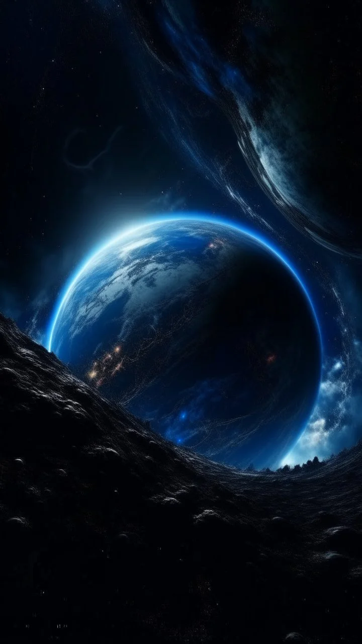 Intense cold dark blue planet behind Earth view from a distance, a lot of Intelsats orbiting around Earth, Hole apocalypse wipes out Universe. Cold blue cloudy hole collision explodes in outer space.a shape of devilish dark body with hood in the hole like sucked in side Epic galaxy with growing black hole. Cinematic interstellar
