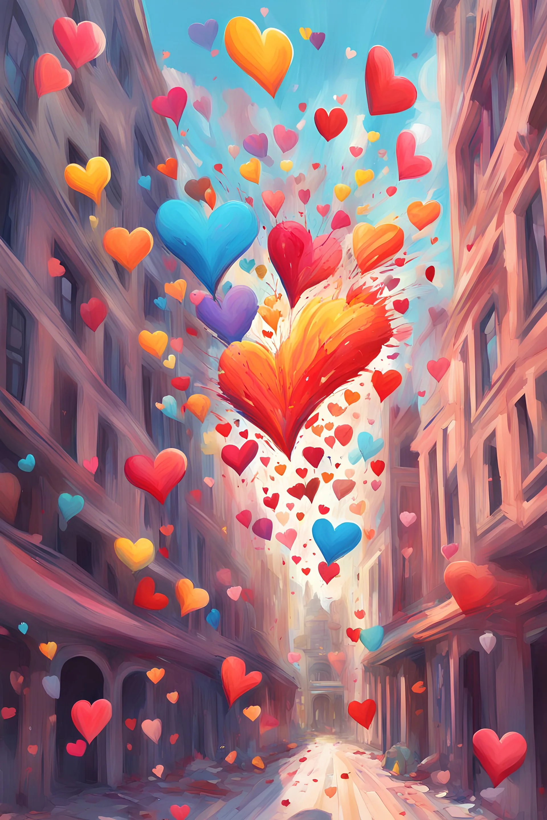 a digital painting of an explosion of colorful hearts from a building, detailed, whimsical, storybook, bold lines, vibrant