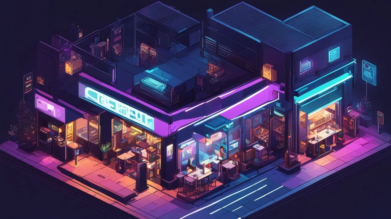 Isometric, cyberpunk, cafe, comic book art style, night time