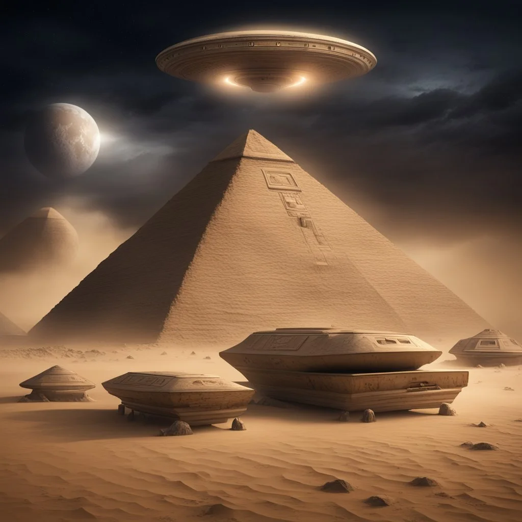 Hyper Realistic UFO spaceships outside mummy coffins outside Pyramids with sandstorm at dark night