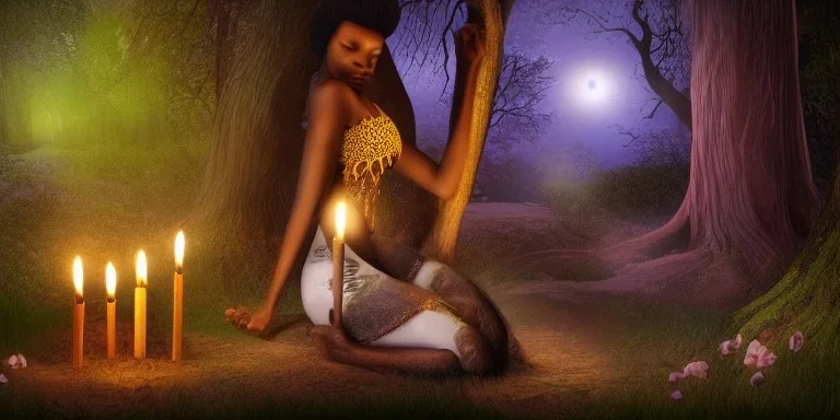 detailed beautiful african lady meditating at night with candles in a enchanted forest, fotorealistic, high quality, landscape, 17, chalice well