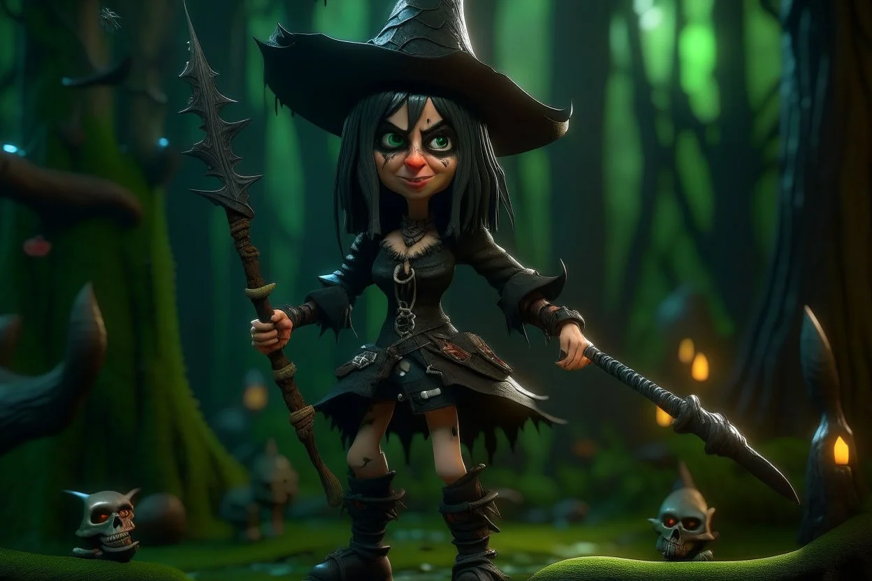 caricature, evil, dark arts, intricately painted, scariest female witch of the world, set in a jungle, (holding a machete:1.6), giant boots, punk, worn, bokeh, Low DOF, 16k, trending on artstation.