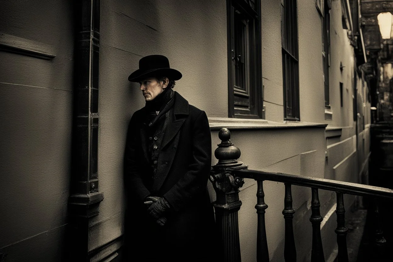 man in dark clothing, hiding around a corner while looking down on a brightly lit Victorian street