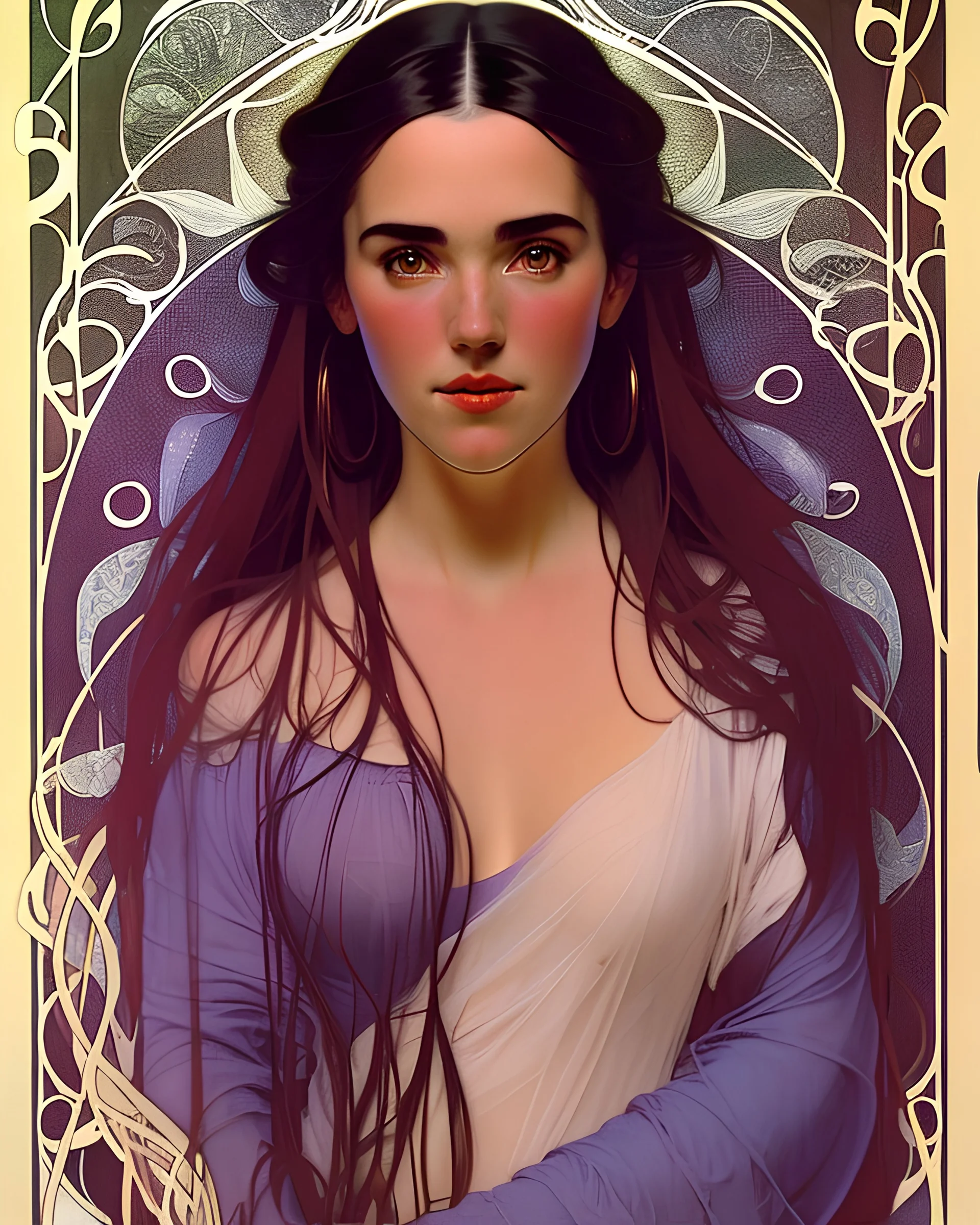 art by alfons mucha, full body image of 25-year old Jennifer Connelly