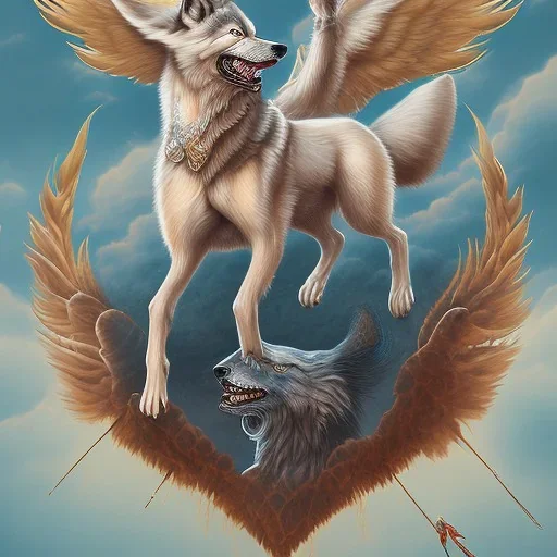 Wolf riding on the back of flying goose