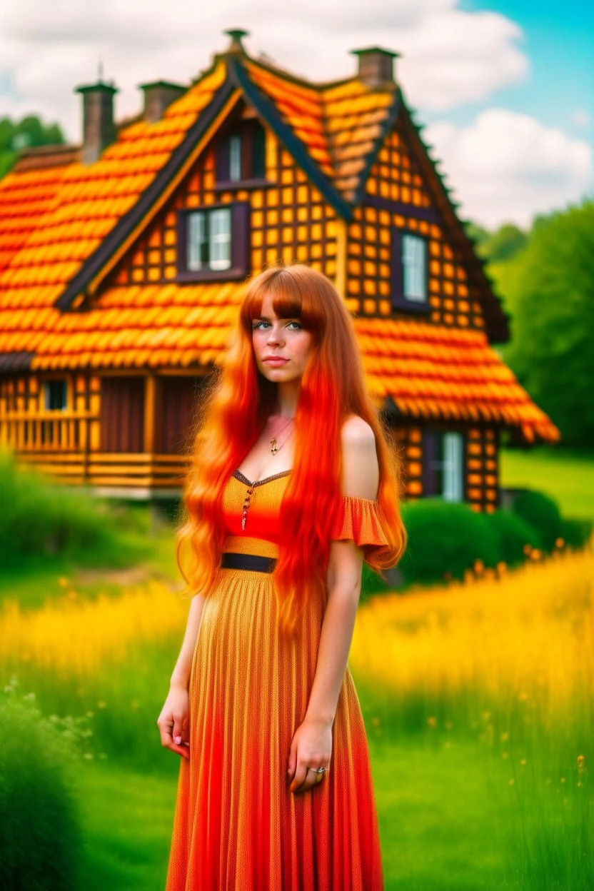 full body and headshot of a skinny Cleopatra, with long wavy ginger hair, in a floaty dress, standing on a village green, with thatched roof cottages behind