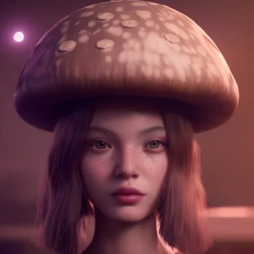 Mushroom head girl and mushroom house, unreal 5, octane render, cinema4d, redshift render, hyper realistic, cenematic, vibrancy, synthwave, retouch, centered, dynamic lighting, dramatic lighting, 4k, highly detailed, attractive beautiful, realistic, epic composition, holographic,