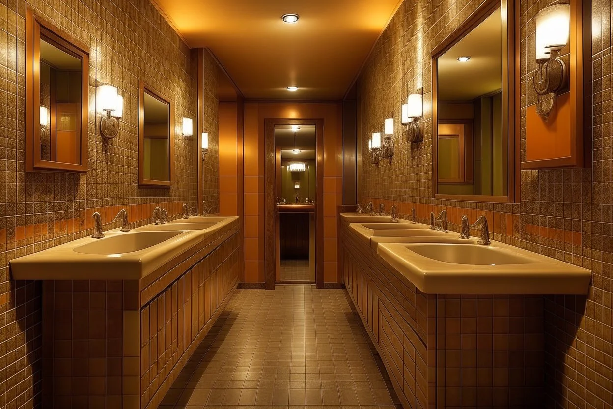 Pictures of a group of bathrooms in Mathaf Restaurant. The walls and floors are in brown tones, and the sinks are on one wall.