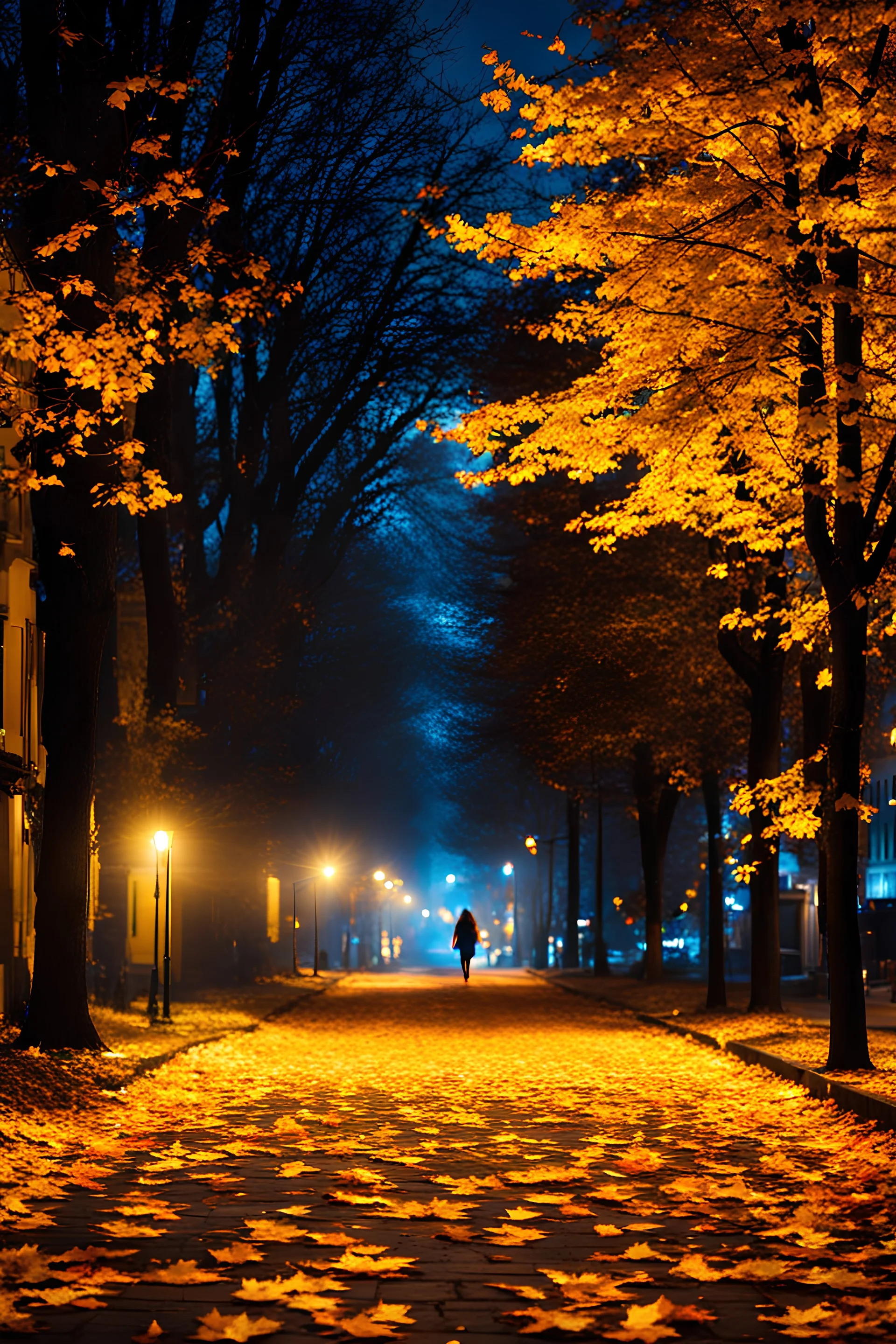 night yellow lights over the street trees autumn leaves under feet lady walking in street back to camera