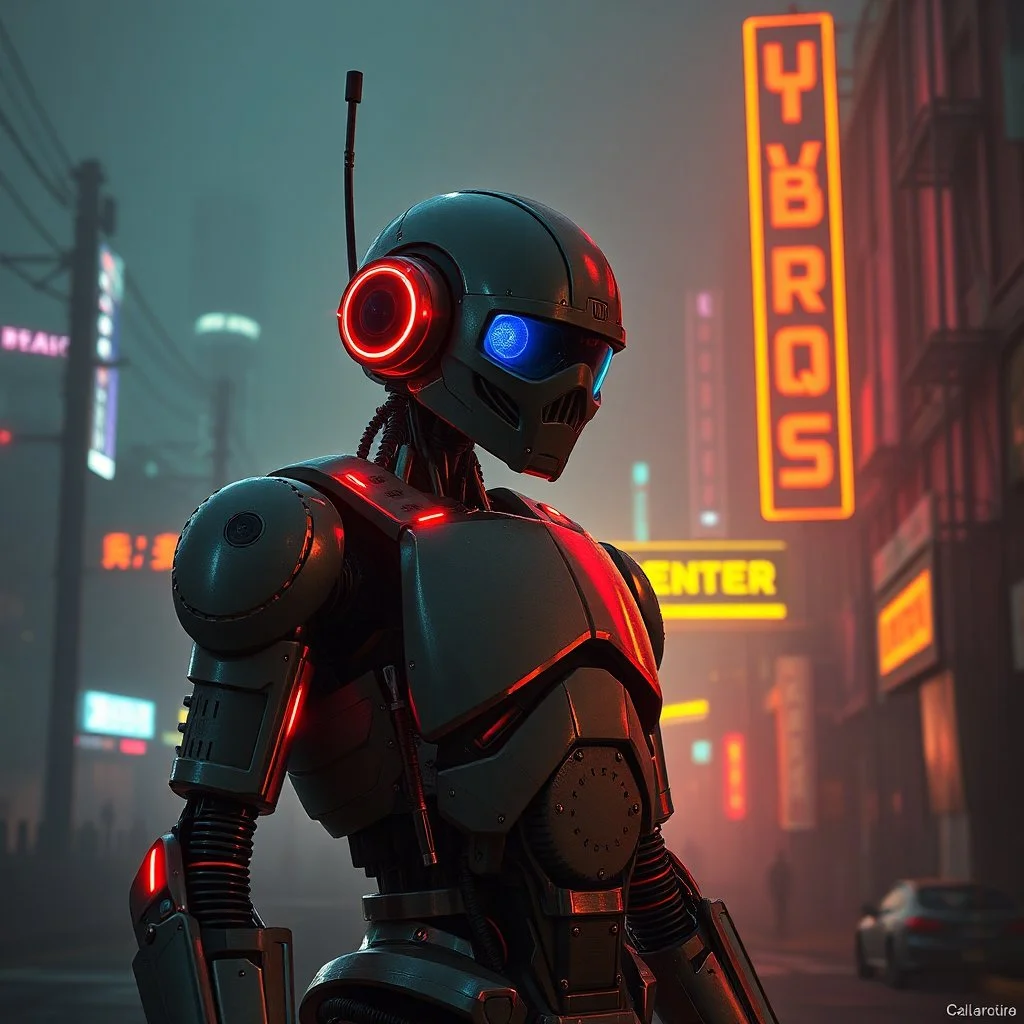 robot, dystopia, cyberpunk aesthetic, neon, fallout