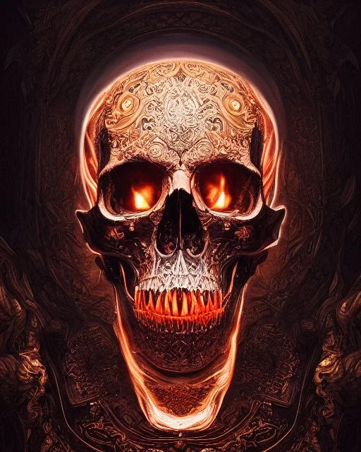 A beautiful highly detailed ornate intricate portrait of a flaming demon skull made of shiny obsidian glass :: reflective, glassy :: subtractive lighting, backlit :: by John William Waterhouse, Greg Rutkowski, HR Giger :: hyperrealistic, hyper detailed, photorealistic :: epic, incredible composition, amazing depth, meticulously composed, 16k resolution concept art :: fantasy magazine cover art