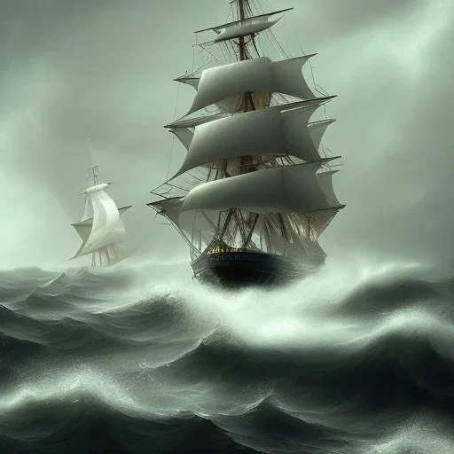 Tall ship, sail, rough sea, storm,