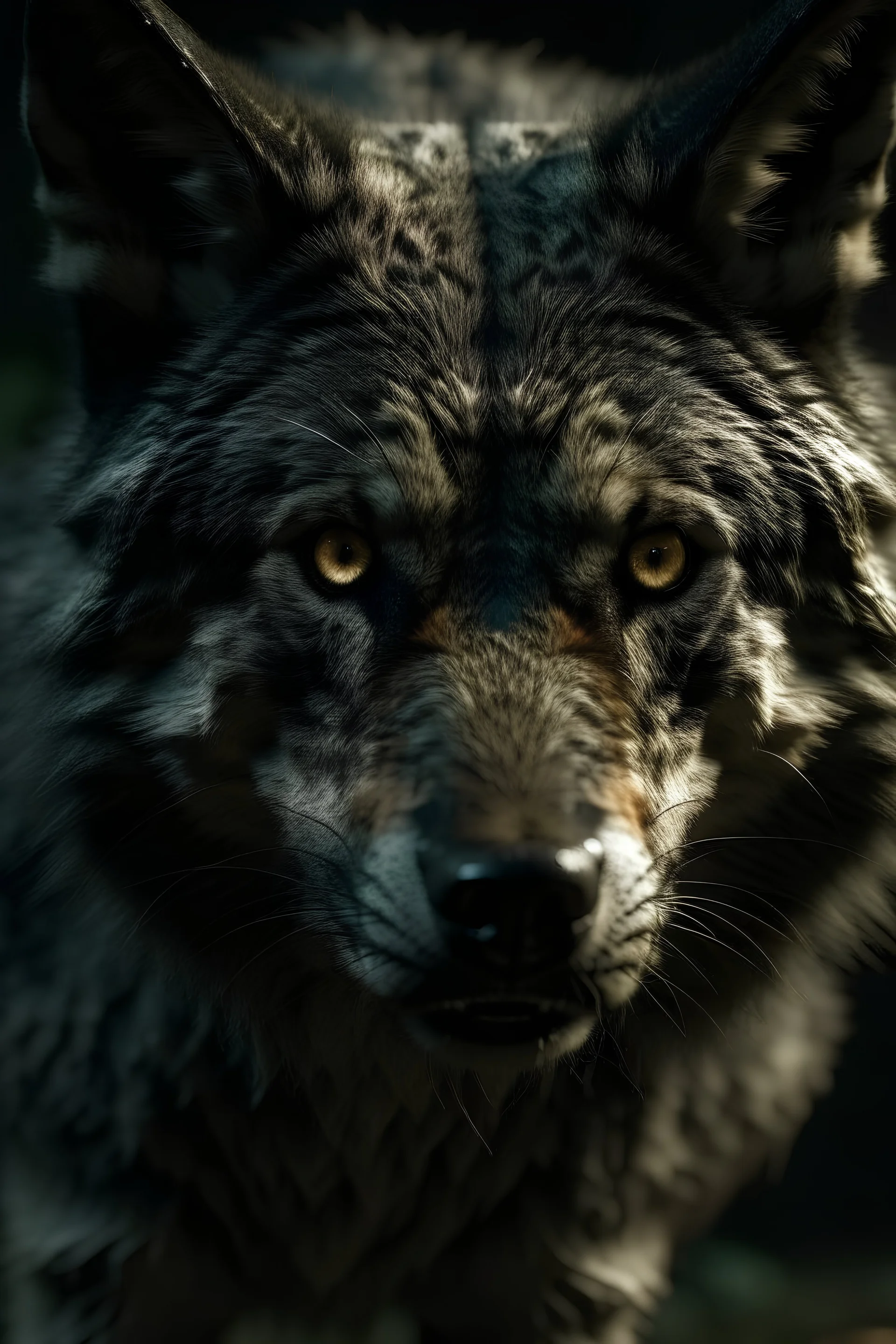 Retrato primer plano de un lobo villano, con ropa sospechosa y atmósfera destruida