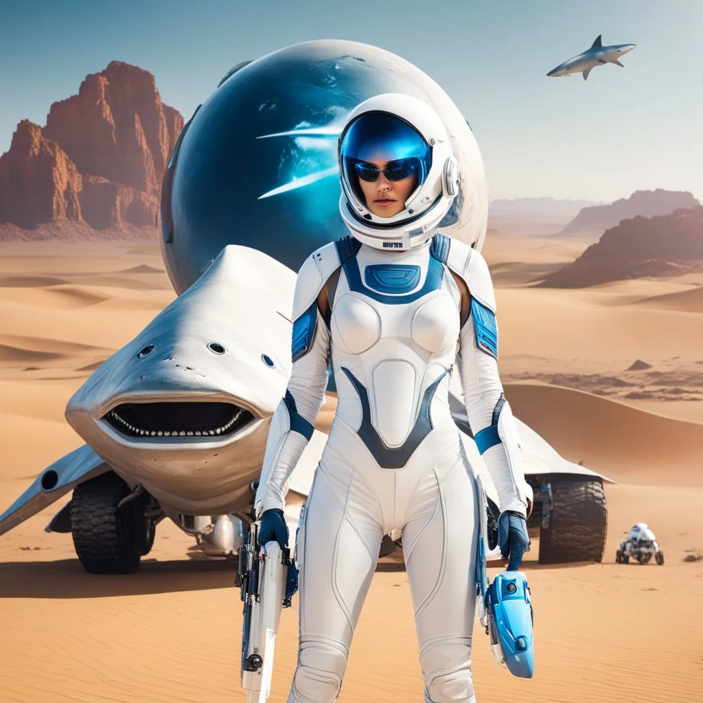 Beautiful blue alien woman, with skimpy white space suit, with a shark helmet, next to a large space vehicle with shark emblems on it, on desert planet.