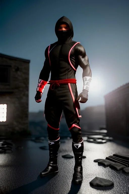 muscular ninja assassin, athletic build, wearing black and red baggy pants with pockets, dark hood and balaclava mask, tan skin, big boots, dark hazel eyes, eyes are both in proportion and green, 3/4 look, short brown hair, large arms and hands, standing, dark cobblestone alley, one halo white light behind head, non photorealistic rendering in the art style of j.scott campbell