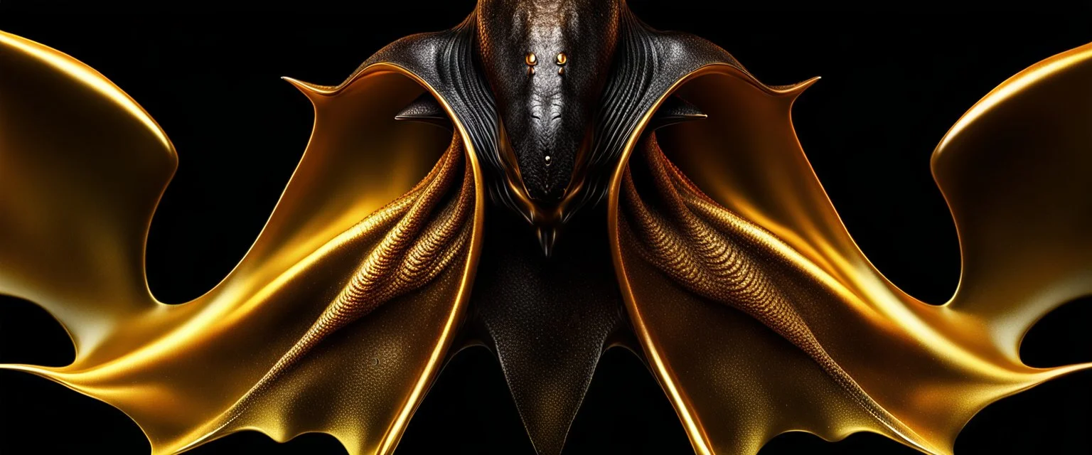 ultra high image quality, Close-up of a shark bat squid god resembling liquid gold, fins rippling like molten metal, set against AMOLED-worthy pure black backdrop, fantasy art style infused with a golden filter, tailored for vertical wallpaper, exclusive design with no duplicates, radiating beauty suitable for a PC screen image, vivid colors, ultra fine, digital painting.