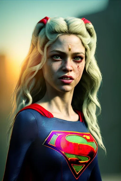 portrait, sweet Shakira, make-up, angry, Realistic image, retro pop, 60s, supergirl, lycra, minimal, blood, sweat, fog, goddess, Color background, photo studio, concept art, smooth, unreal engine 5, god lights, ray tracing, RTX, lumen lighting, ultra detail, volumetric lighting, 3d, finely drawn, high definition, 4k.