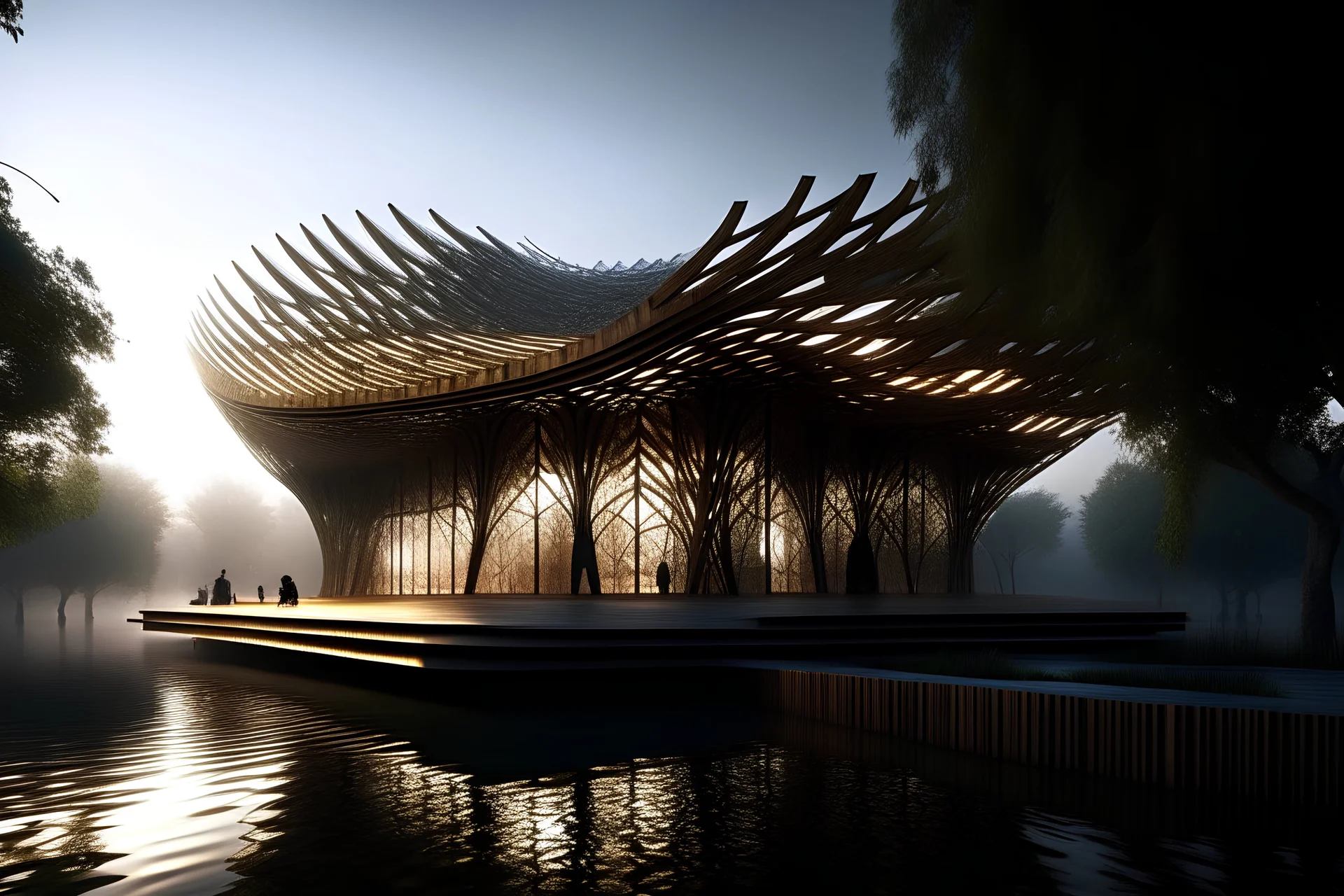 futuristic Iranian theatre with parametric wooden outer skin, vernacular architecture, in the marsh, Water lily, wooden structure, sloped roof, wealth of flora, with dancing performance, fog and rain, light ray