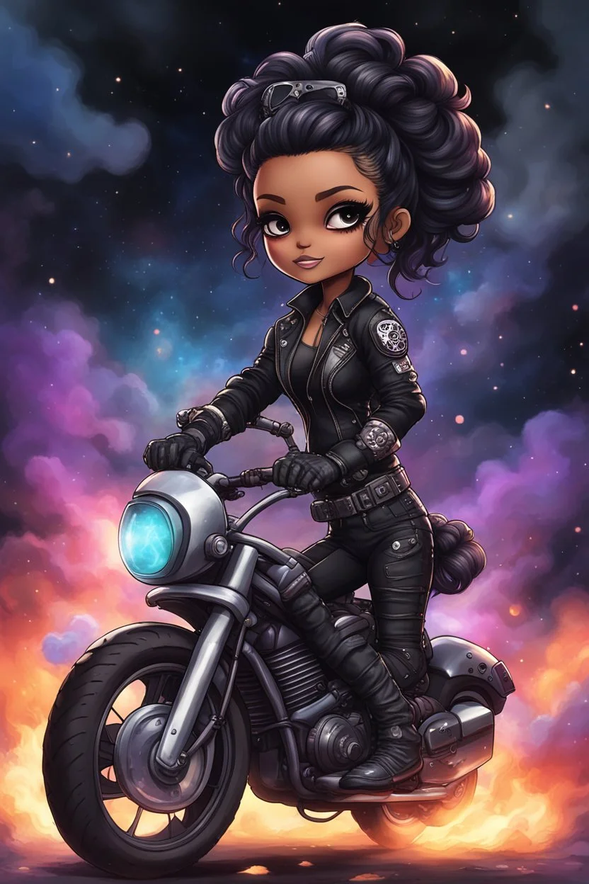 Create a galaxy art illustration of a chibi cartoon full figure black female riding a sports motorcycle. She is wearing tie dye and black tights with biker boots. Prominent make up with log lashes and hazel eyes. Extremely highly detailed black shiny wavy hair up in a messy bun. Background of smoke surrounding her and the bike and she's at a bike show.