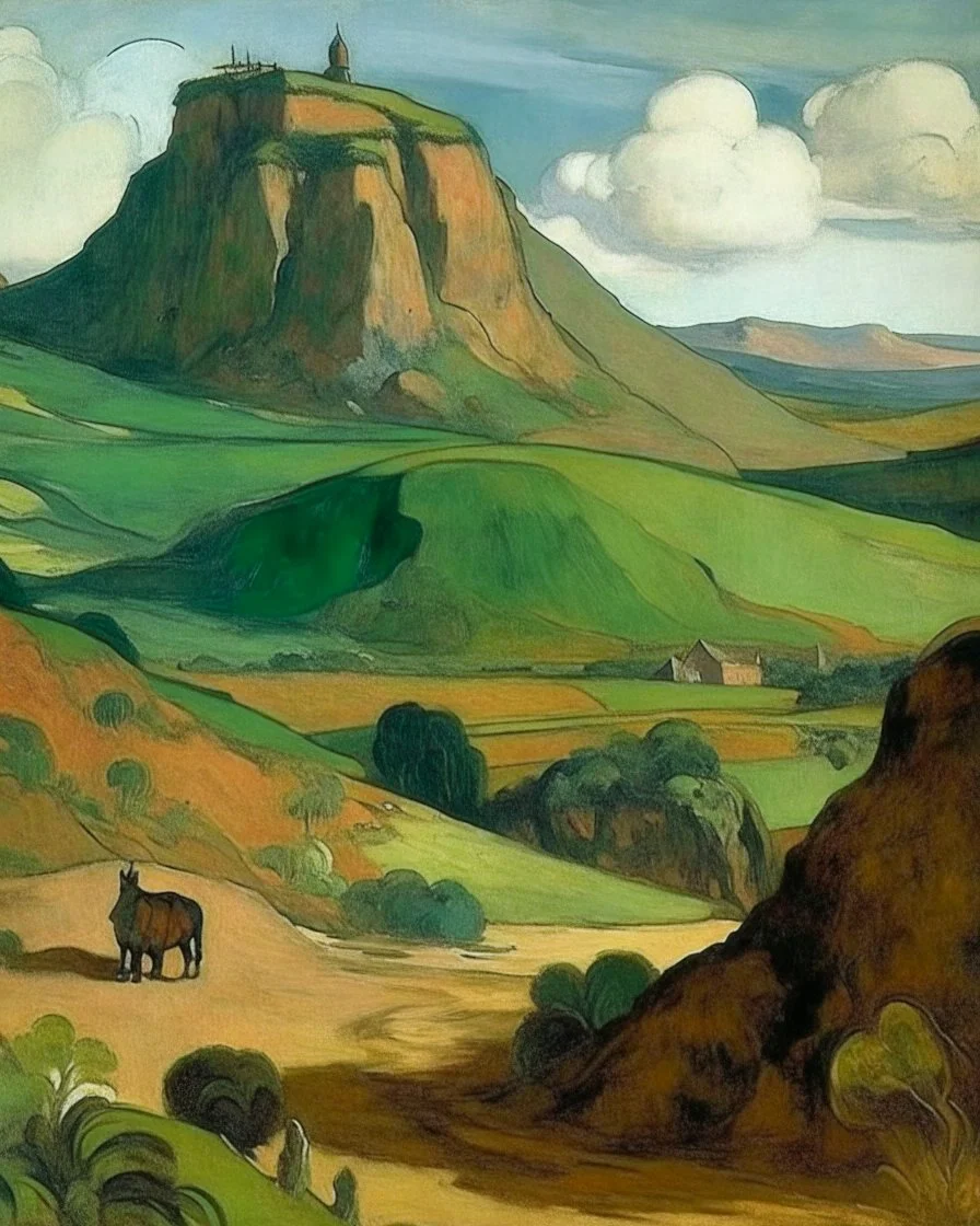 A brown mine near a giant mountain painted by Paul Gauguin