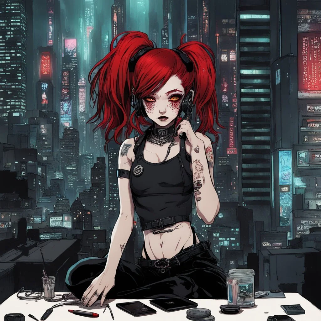 Darksynth,horror,Judy Alvarez,anime cyberpunk girl, eye shadows, arasuka, cyberpunk night city, piercing, gang tatto, red hair