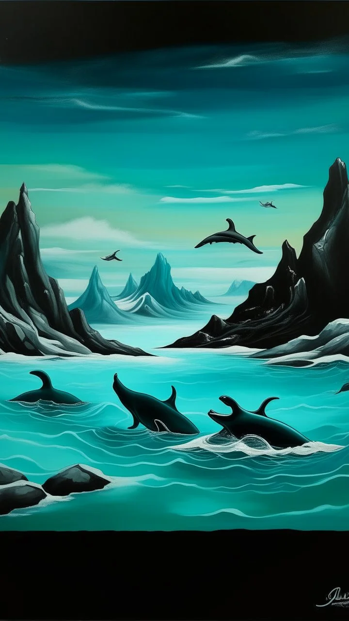 A turquoise glacial ocean with orcas painted by Salvador Dali