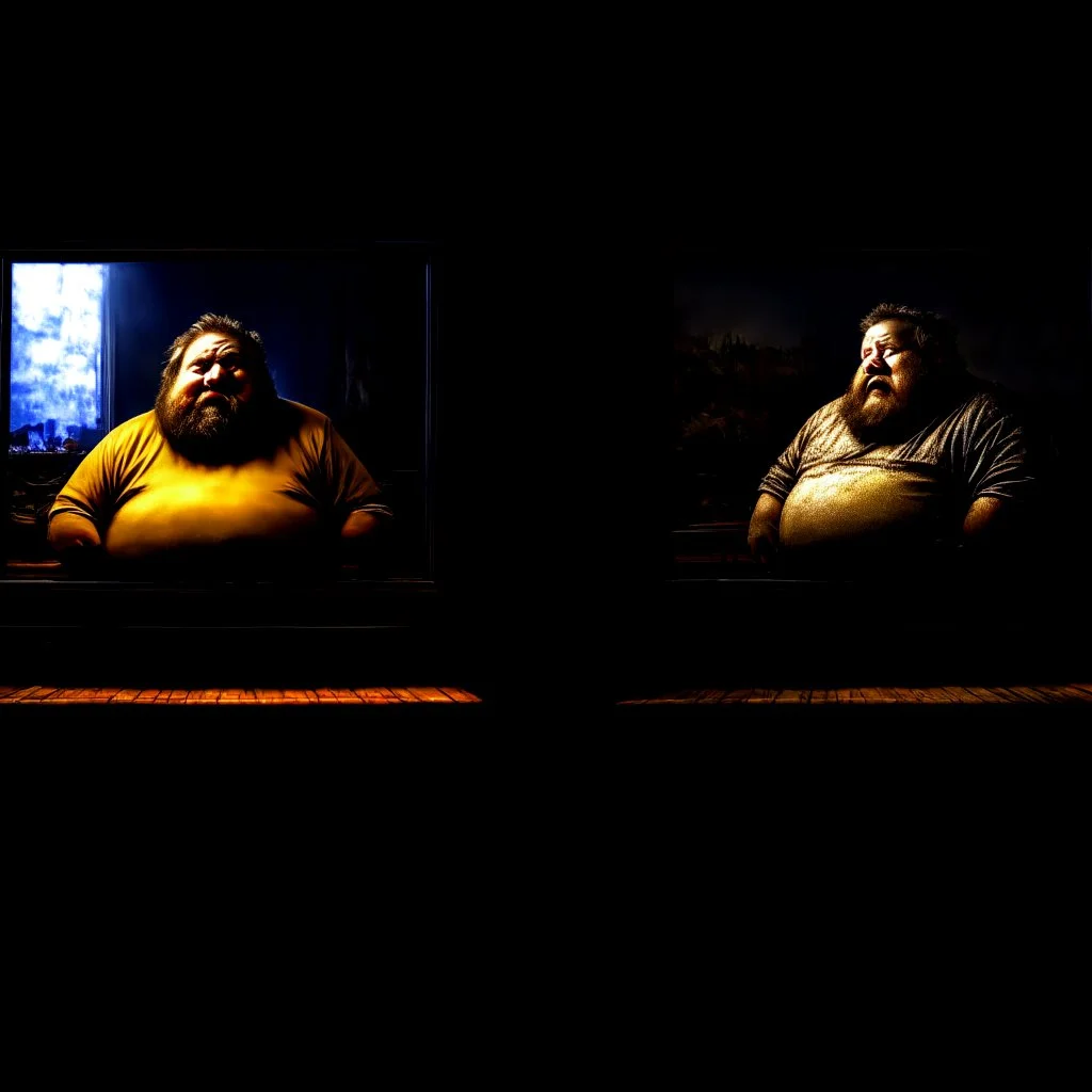 (fineart:1.5, masterpiece1.5) (realism:1.5) award winning picture of award winning fat, beardedd, 'fat man' (watching tv:1.8), tv in frame , two panels, the first panel is taken from the pov of the tv, it looks out and sees a vision of decay, back lit with a cold color pallete, the only vibrant color we see is the aloe vera plant on his bookshelf. the other 50 pefect is from the point of view of 'fat man', his vision streaks of blue from the tv shining in his eyes, breaking news is on tv