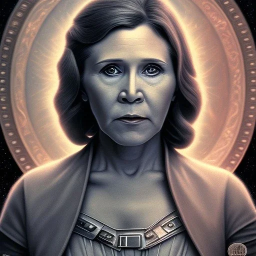 actress carrie fisher, ominous, waist up portrait, intricate, oil on canvas, masterpiece, expert, insanely detailed, 4k resolution, retroanime style, circular reflective eyes, cinematic smooth, intricate detail , soft smooth lighting, soft pastel colors, painted Renaissance style