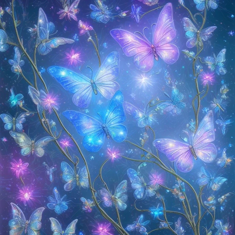 garden with subtle cristal transparent bright glitter blue butterfly, light, galactic, subtle flowers