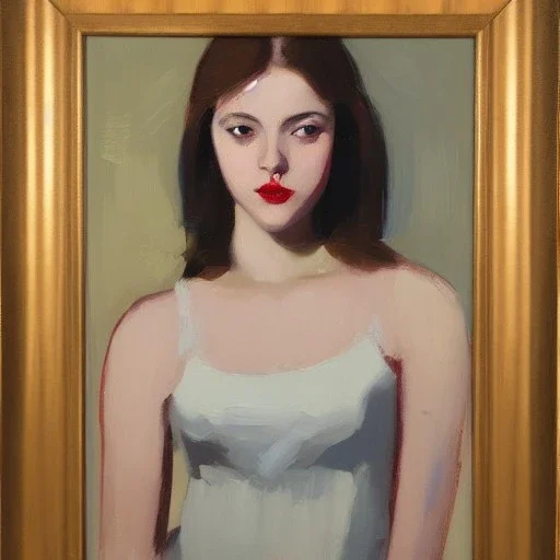  100 % modern conceptual art, realistic portrait oil painting by Malcom Liepke, of a beautiful 18 year old woman , front view centered 3/4 figure symmetrical and cinematic side lighting, precise brushstrokes and subtle blended variations in skin color temperature, perfectly proportioned female figure elegantly posed and wears contempory casual clothes, short tangled hyper-realistic detailed jet-black hair with bangs! Perfectly symmetrical facial features ,cgsociety, un