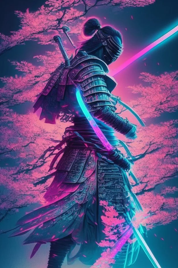 Mystical samurai emitting an aura with a long, neon sword emitting an aura