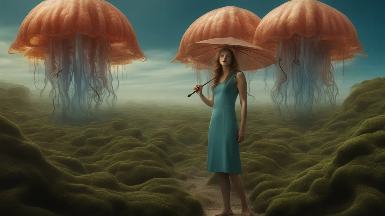 woman in an alien forest with an umbrella made from a jellyfish, photorealistic, Detailed Matte Painting, Deep Colour, Fantastical, Intricate Detail, sunshine, blue sky