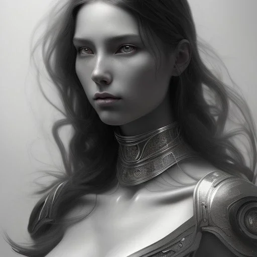 A black and white portrait of a women, long hair, upper body, head and shoulders portrait, 8k resolution concept art portrait by Greg Rutkowski, Artgerm, WLOP, Alphonse Mucha dynamic lighting hyperdetailed intricately detailed Splash art trending on Artstation triadic colors Unreal Engine 5 volumetric lighting