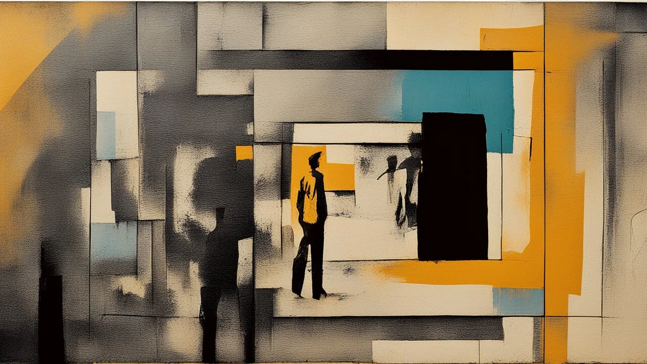 abstract painting, Th The Man Without Qualities, Fragments of Forgotten all the sins in outskirts, use flat bright colors displayed art, Charcoal, Metallic Ink: merging into walls of shadow., refugees, conformity, Analogue film photo, , 1950s, candid, retro analog, 35mm film, film grain,