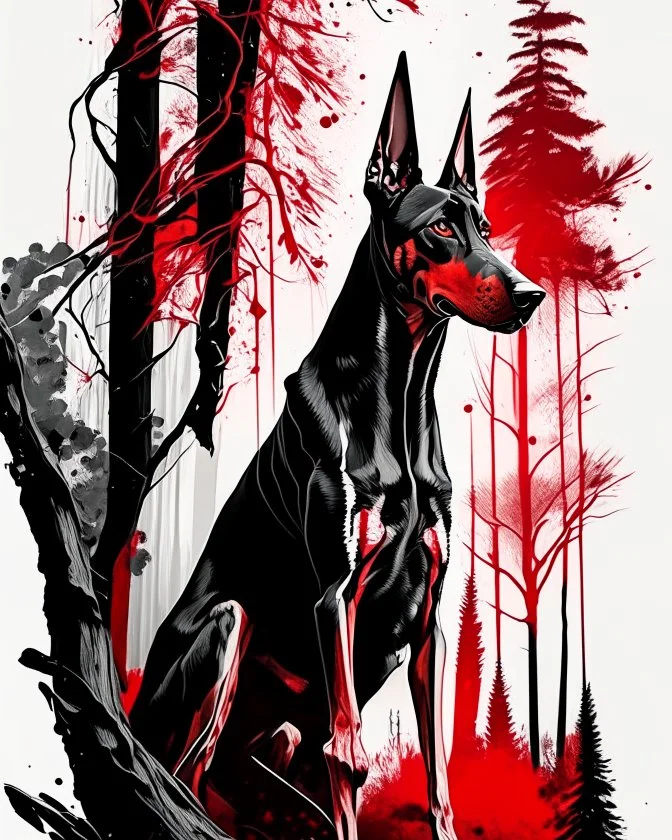 Doberman dog sitting, front view, full body, ink lineart red white black pointy ears trees